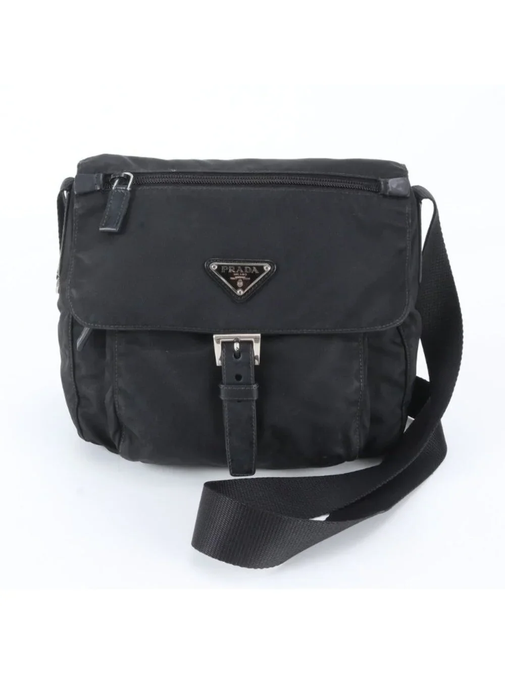 Prada Tessuto Nylon Triangle Logo Leather Shoulder Bag Crossbody Messenger Black